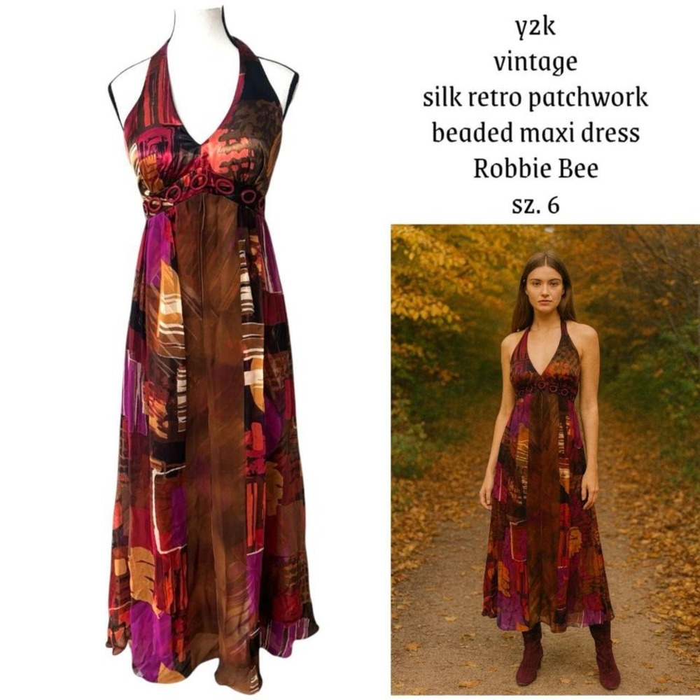 y2k vintage Retro Patchwork Silver beaded halter Maxi Dress  sz. 6‎ medium